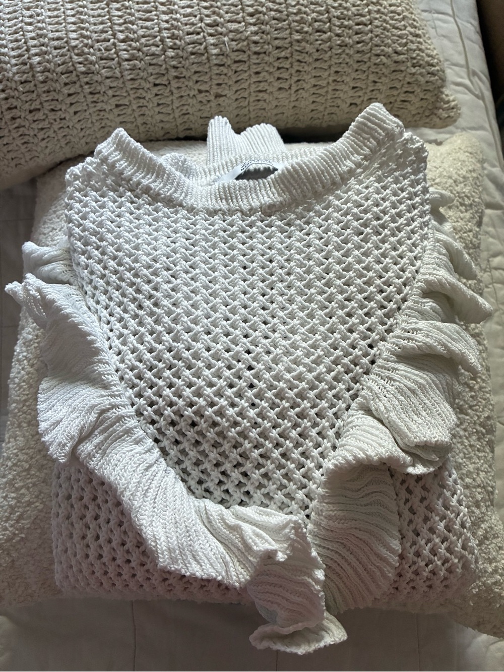 Women’s Cream Open-Knit Ruffle Sweater